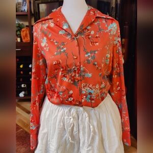 Vintage Graff Floral Print Polyester Button Down Blouse